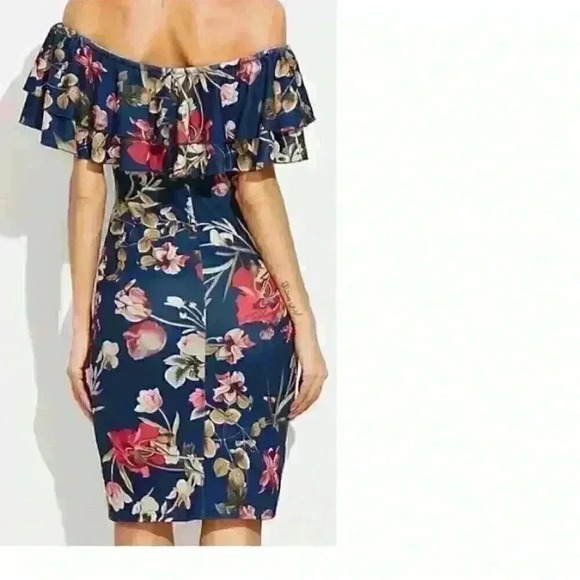 Floral Ruffle Off Shoulder Party Sexy Bodycon Dress Navy L - Picture 2 of 3
